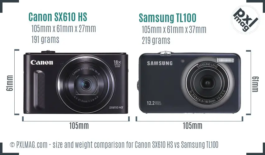 Canon SX610 HS vs Samsung TL100 size comparison