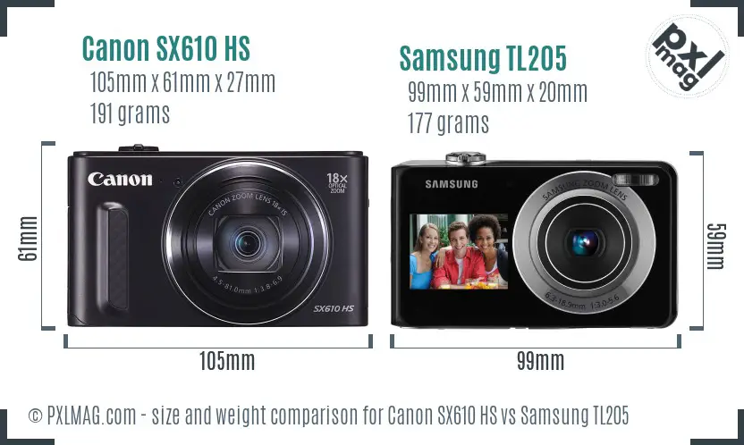 Canon SX610 HS vs Samsung TL205 size comparison