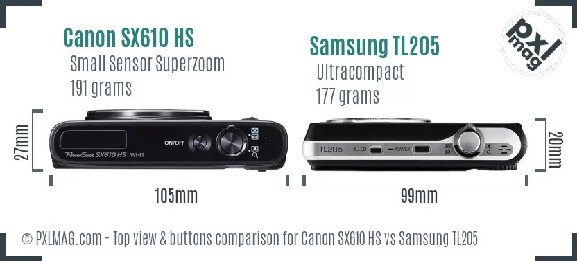 Canon SX610 HS vs Samsung TL205 top view buttons comparison