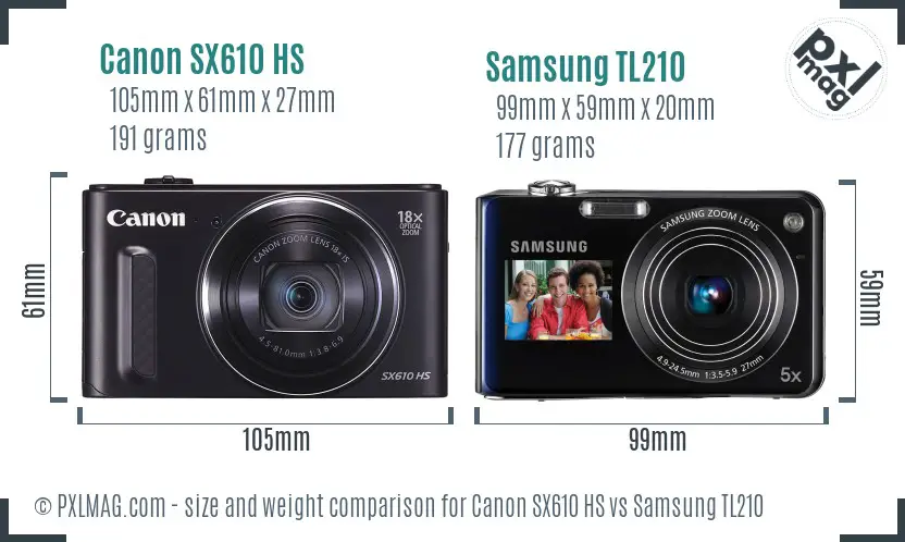 Canon SX610 HS vs Samsung TL210 size comparison
