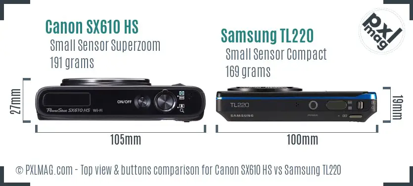 Canon SX610 HS vs Samsung TL220 top view buttons comparison Canon SX610 HS vs Samsung TL220 top view buttons comparison