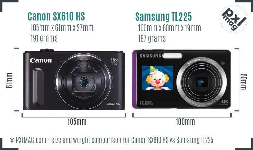 Canon SX610 HS vs Samsung TL225 size comparison