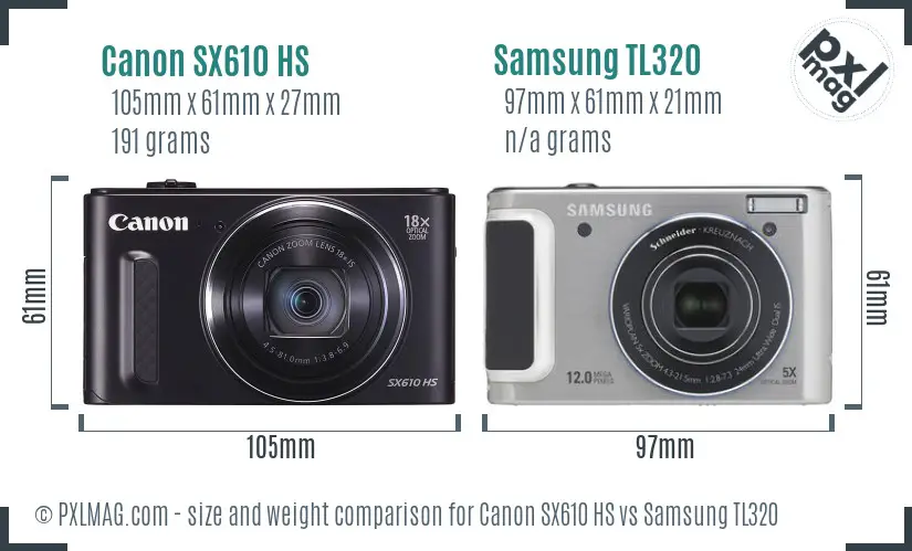 Canon SX610 HS vs Samsung TL320 size comparison