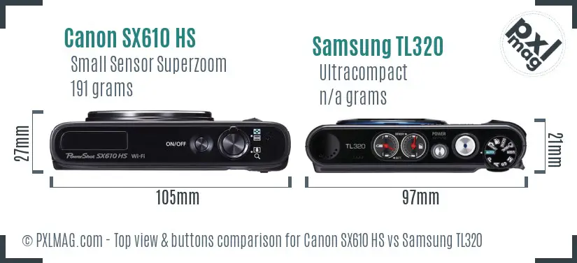 Canon SX610 HS vs Samsung TL320 top view buttons comparison