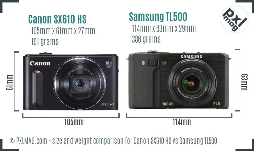 Canon SX610 HS vs Samsung TL500 size comparison