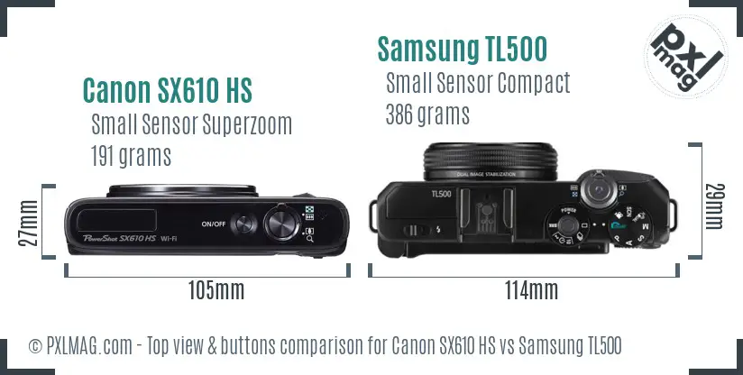 Canon SX610 HS vs Samsung TL500 top view buttons comparison