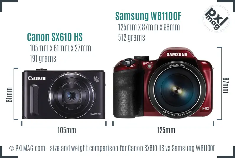 Canon SX610 HS vs Samsung WB1100F size comparison