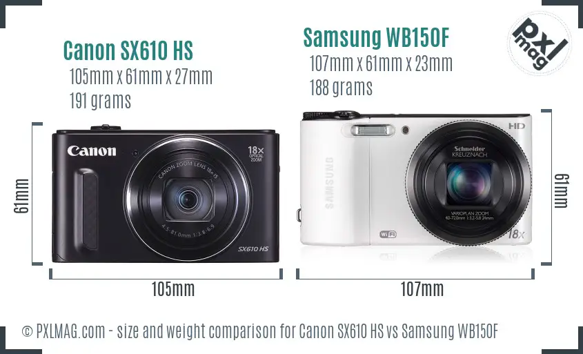 Canon SX610 HS vs Samsung WB150F size comparison