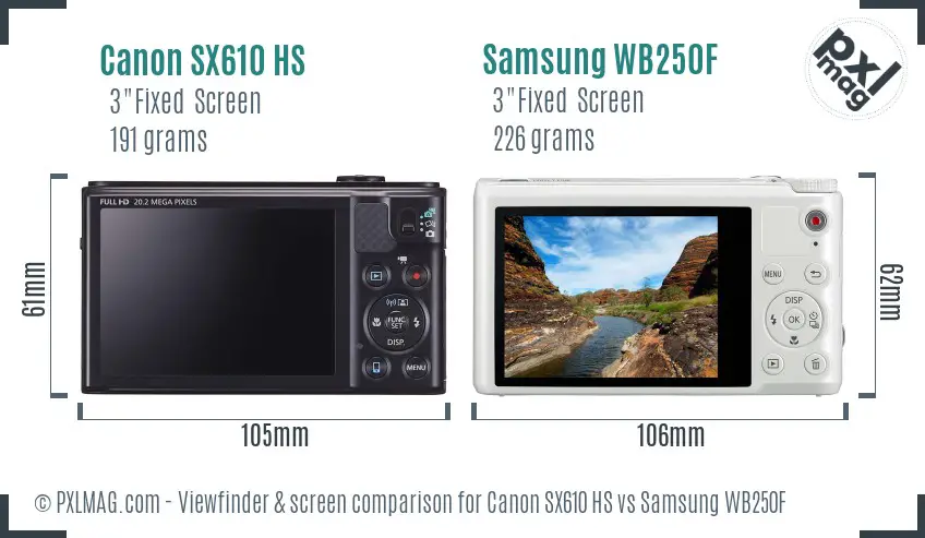 Canon SX610 HS vs Samsung WB250F Screen and Viewfinder comparison