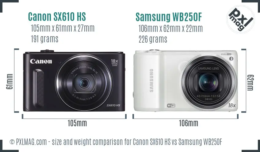 Canon SX610 HS vs Samsung WB250F size comparison