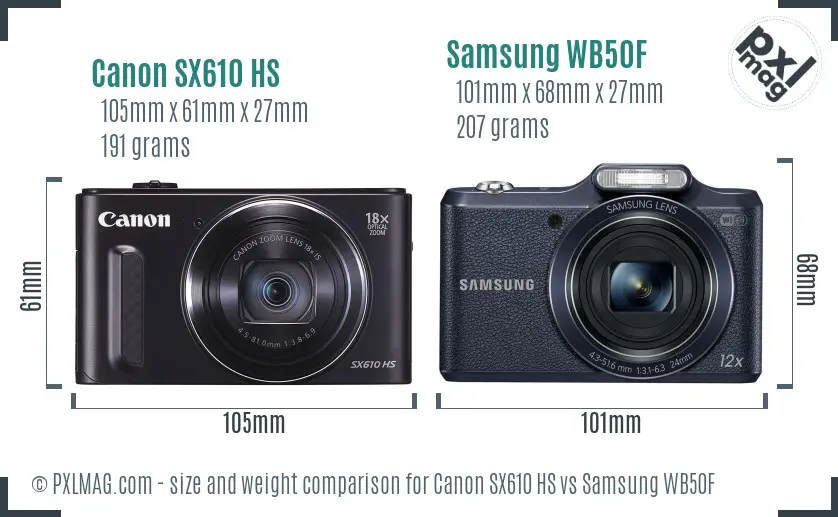 Canon SX610 HS vs Samsung WB50F size comparison