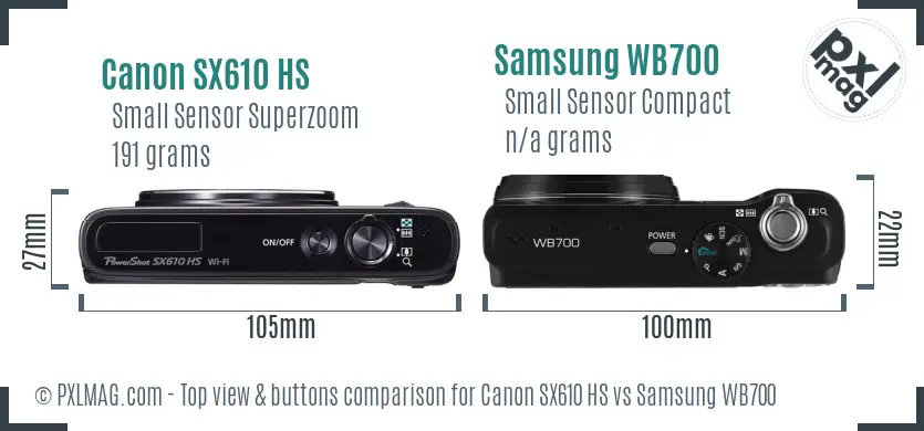 Canon SX610 HS vs Samsung WB700 top view buttons comparison Canon SX610 HS vs Samsung WB700 top view buttons comparison