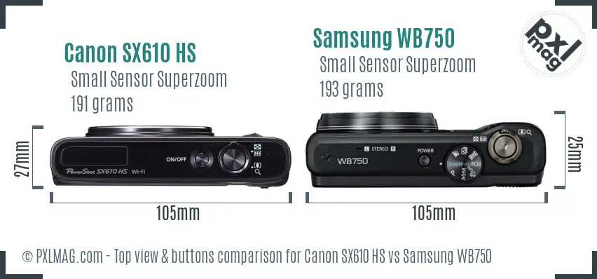 Canon SX610 HS vs Samsung WB750 top view buttons comparison Canon SX610 HS vs Samsung WB750 top view buttons comparison