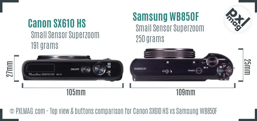 Canon SX610 HS vs Samsung WB850F top view buttons comparison Canon SX610 HS vs Samsung WB850F top view buttons comparison