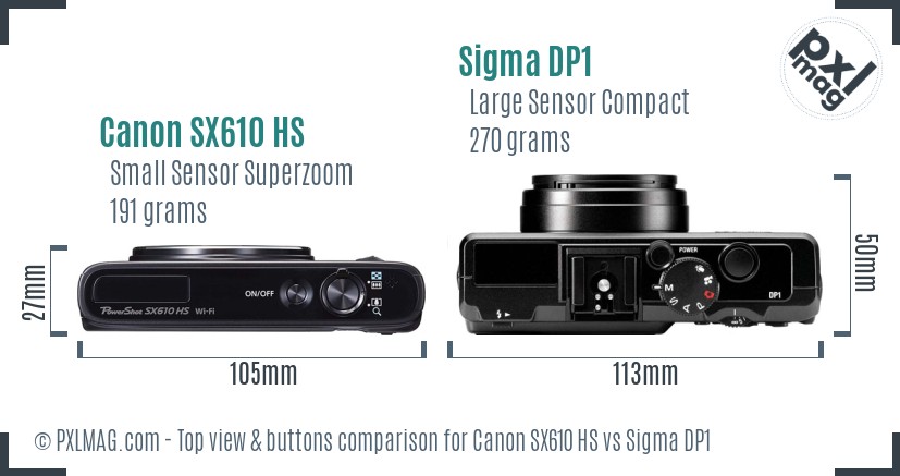 Canon SX610 HS vs Sigma DP1 top view buttons comparison