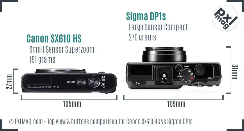 Canon SX610 HS vs Sigma DP1s top view buttons comparison Canon SX610 HS vs Sigma DP1s top view buttons comparison