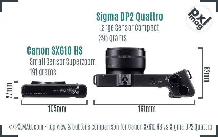 Canon SX610 HS vs Sigma DP2 Quattro top view buttons comparison Canon SX610 HS vs Sigma DP2 Quattro top view buttons comparison
