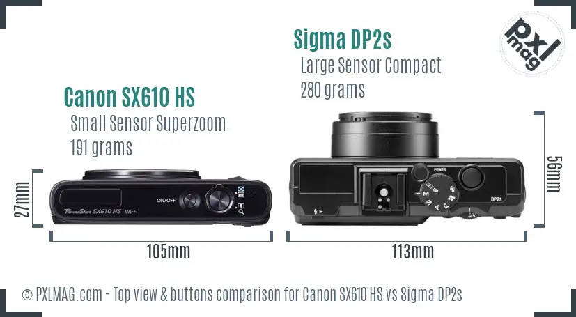 Canon SX610 HS vs Sigma DP2s top view buttons comparison Canon SX610 HS vs Sigma DP2s top view buttons comparison