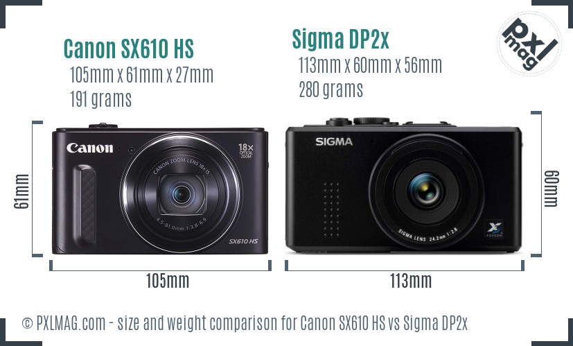 Canon SX610 HS vs Sigma DP2x size comparison
