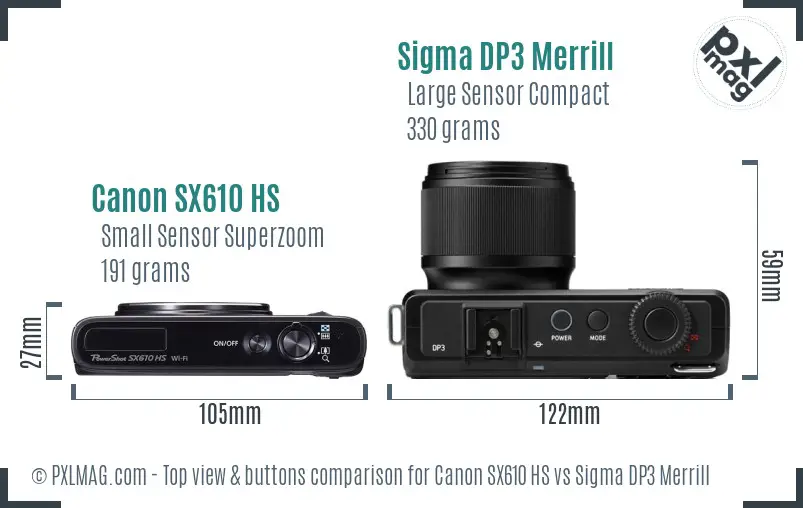 Canon SX610 HS vs Sigma DP3 Merrill top view buttons comparison