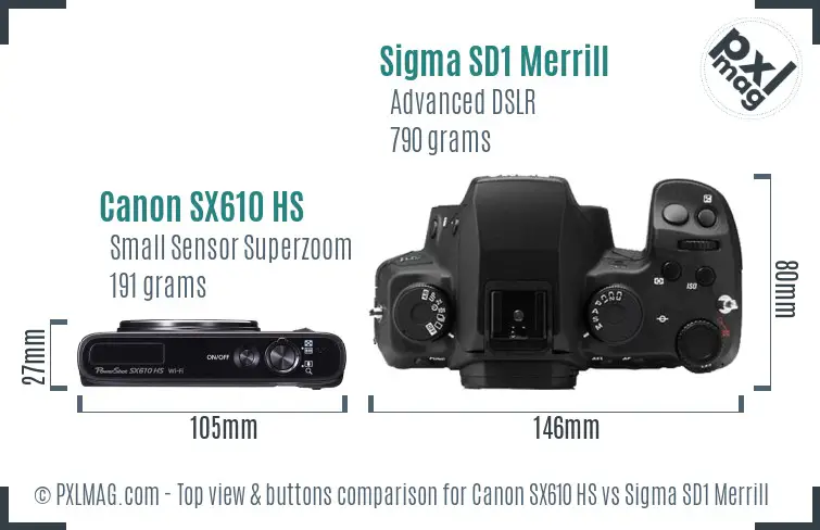 Canon SX610 HS vs Sigma SD1 Merrill top view buttons comparison Canon SX610 HS vs Sigma SD1 Merrill top view buttons comparison