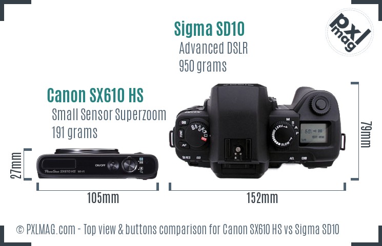 Canon SX610 HS vs Sigma SD10 top view buttons comparison