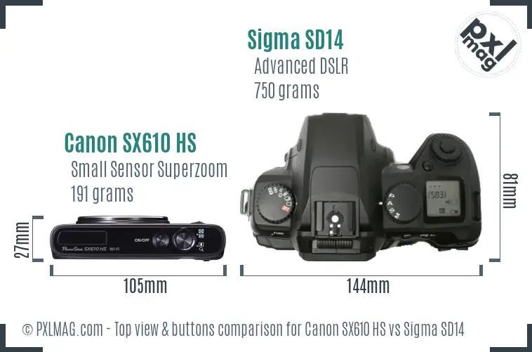 Canon SX610 HS vs Sigma SD14 top view buttons comparison