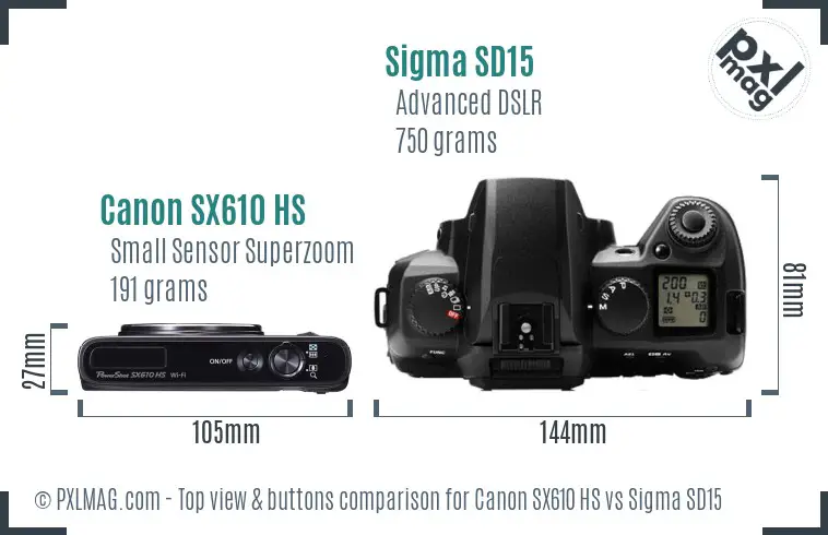 Canon SX610 HS vs Sigma SD15 top view buttons comparison