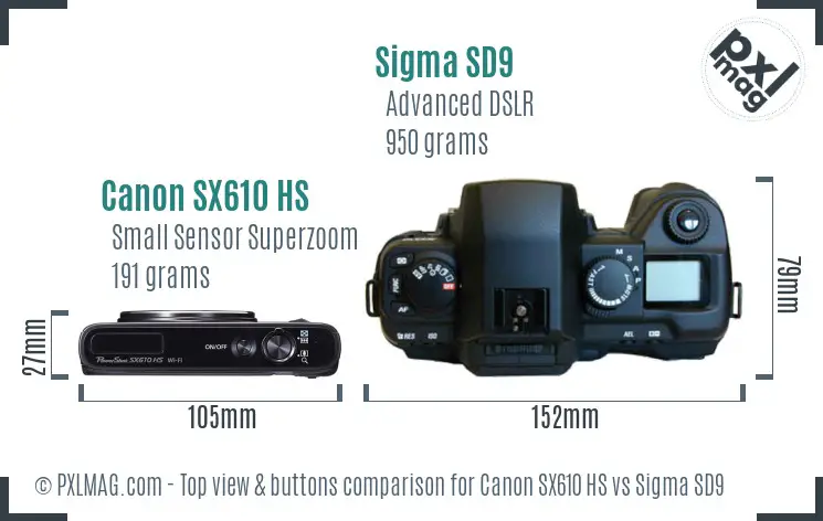 Canon SX610 HS vs Sigma SD9 top view buttons comparison