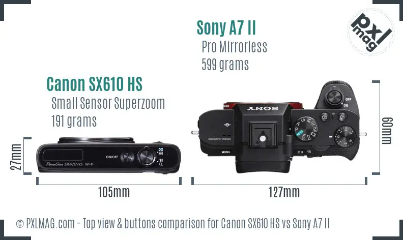 Canon SX610 HS vs Sony A7 II top view buttons comparison