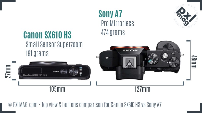 Canon SX610 HS vs Sony A7 top view buttons comparison