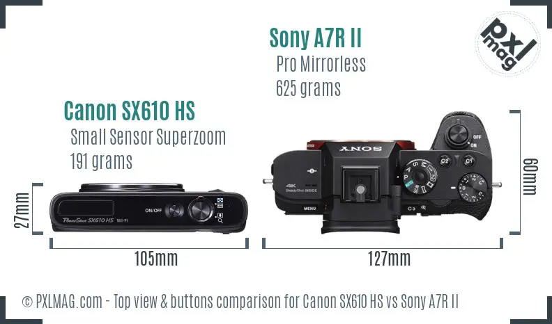 Canon SX610 HS vs Sony A7R II top view buttons comparison