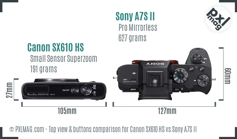 Canon SX610 HS vs Sony A7S II top view buttons comparison Canon SX610 HS vs Sony A7S II top view buttons comparison