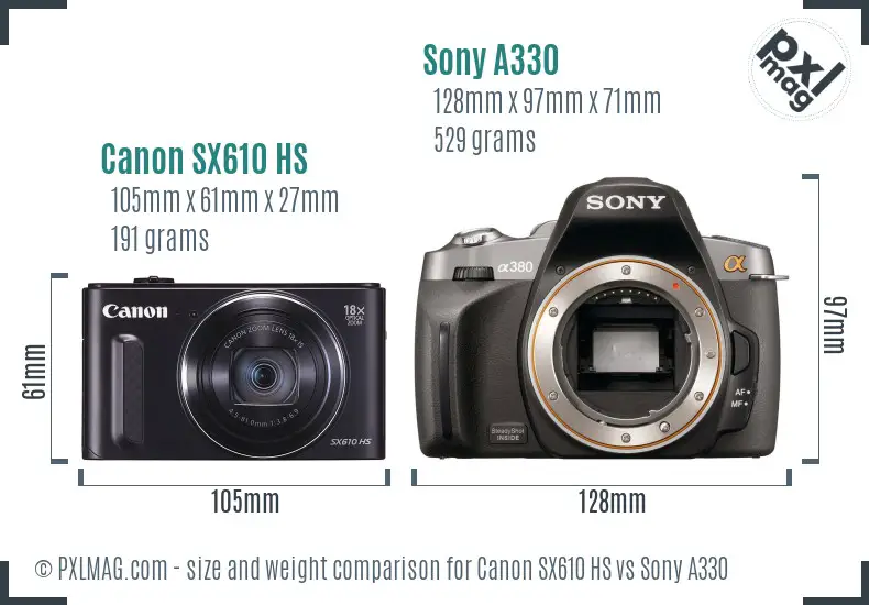 Canon SX610 HS vs Sony A330 size comparison