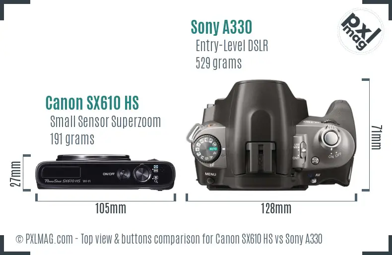 Canon SX610 HS vs Sony A330 top view buttons comparison
