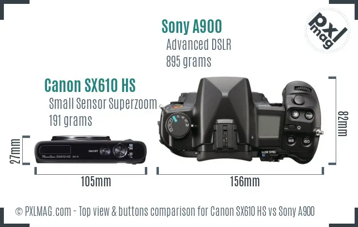 Canon SX610 HS vs Sony A900 top view buttons comparison