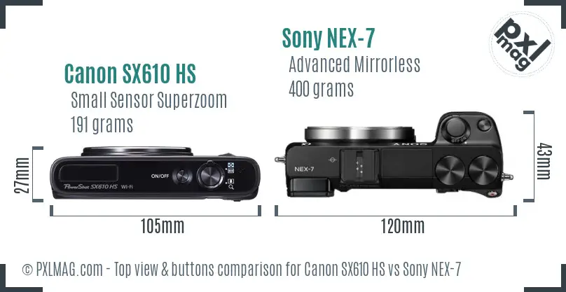 Canon SX610 HS vs Sony NEX-7 top view buttons comparison