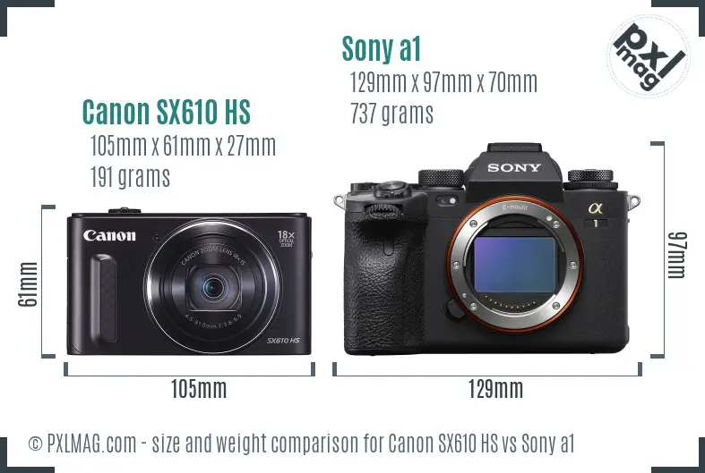 Canon SX610 HS vs Sony a1 size comparison