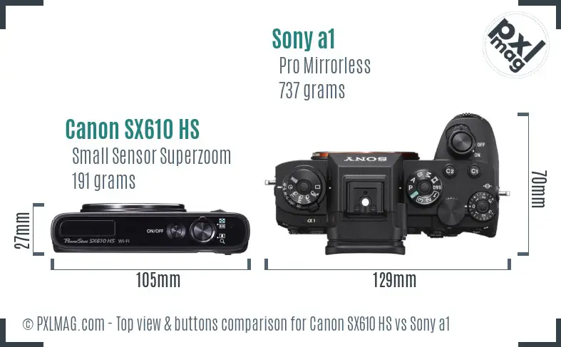 Canon SX610 HS vs Sony a1 top view buttons comparison