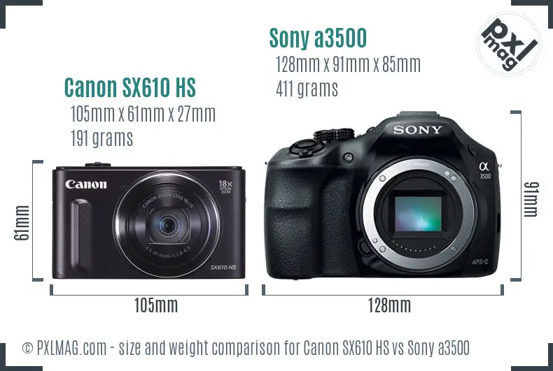 Canon SX610 HS vs Sony a3500 size comparison