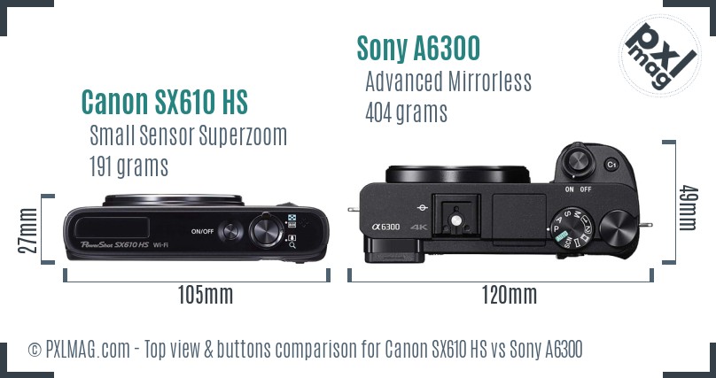 Canon SX610 HS vs Sony A6300 top view buttons comparison