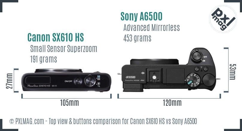 Canon SX610 HS vs Sony A6500 top view buttons comparison