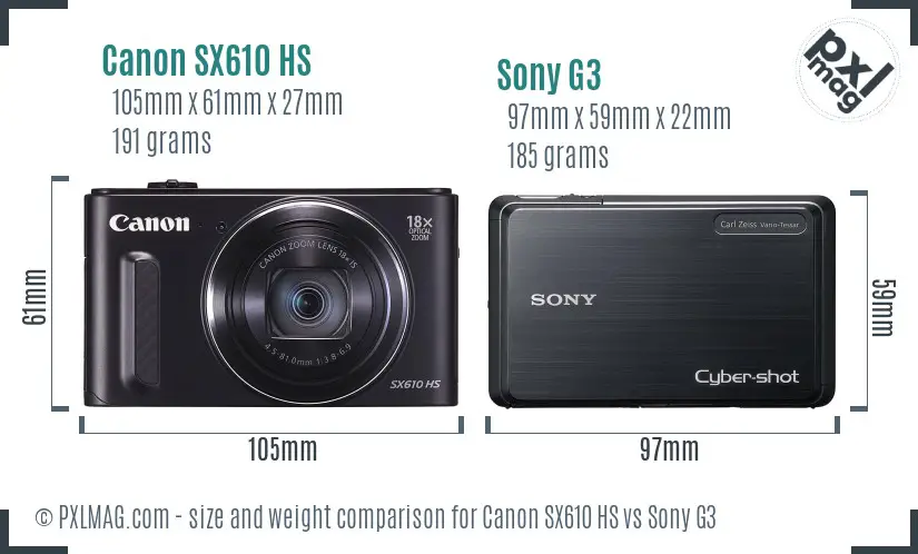 Canon SX610 HS vs Sony G3 size comparison