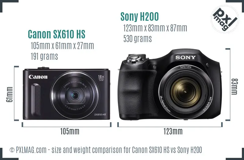 Canon SX610 HS vs Sony H200 size comparison