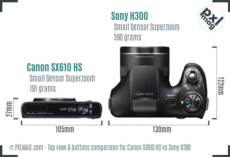 Canon SX610 HS vs Sony H300 top view buttons comparison Canon SX610 HS vs Sony H300 top view buttons comparison