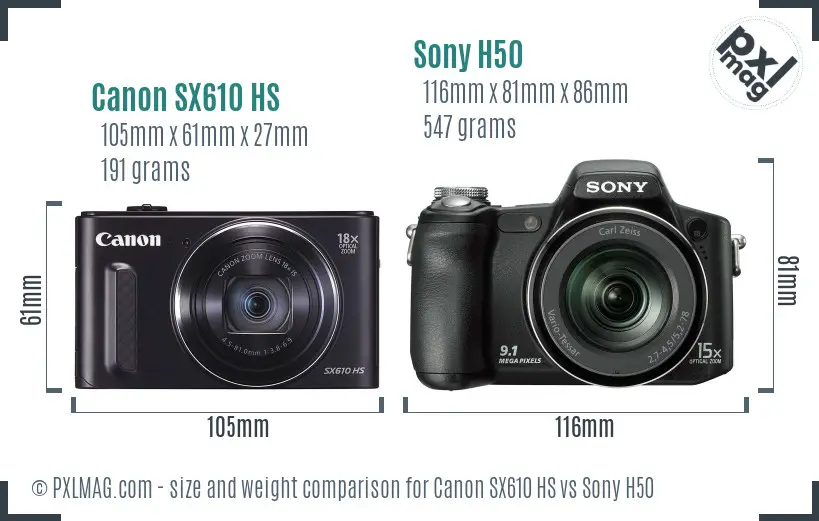 Canon SX610 HS vs Sony H50 size comparison