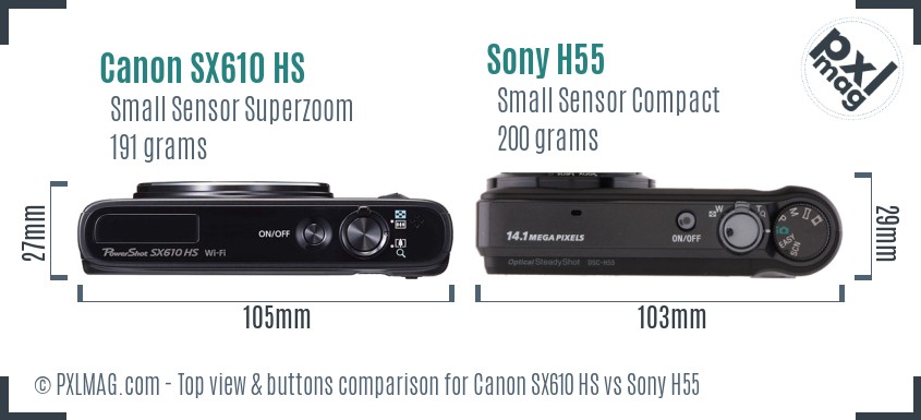 Canon SX610 HS vs Sony H55 top view buttons comparison