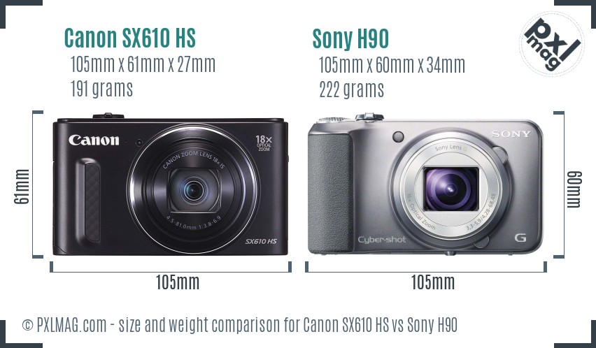 Canon SX610 HS vs Sony H90 size comparison