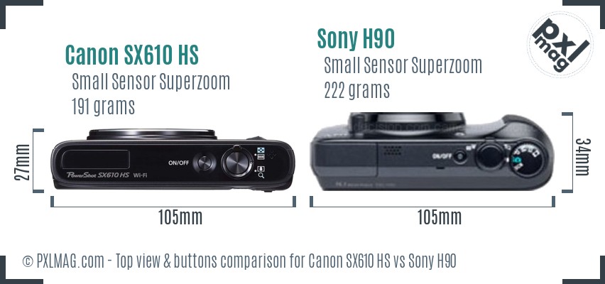 Canon SX610 HS vs Sony H90 top view buttons comparison