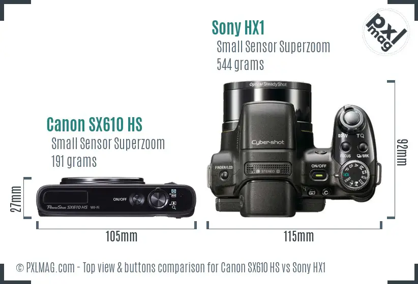 Canon SX610 HS vs Sony HX1 top view buttons comparison